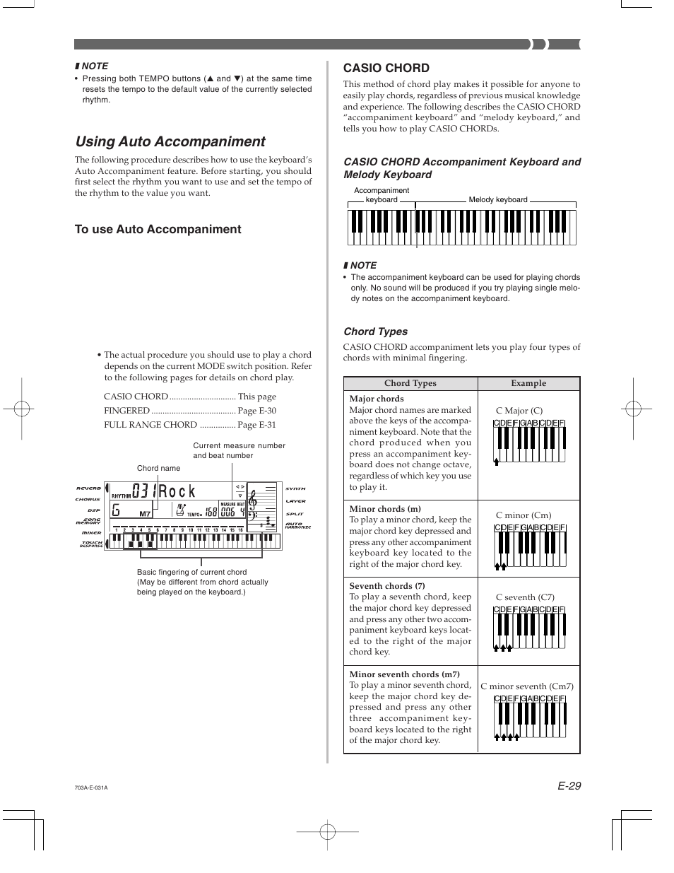 R o c k, Using auto accompaniment, Casio chord | Casio CTK-671 User Manual | Page 31 / 98