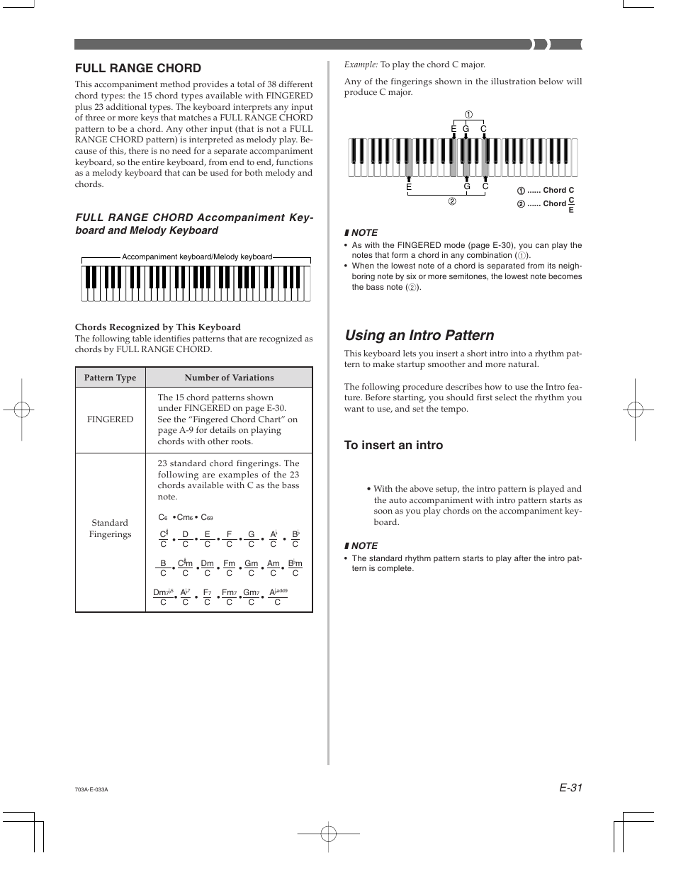 Using an intro pattern, Full range chord, E-31 | Press intro/ending button 1 or 2 | Casio CTK-671 User Manual | Page 33 / 98