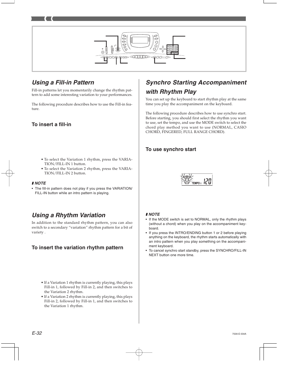 Synchro starting accompaniment with rhythm play, Using a fill-in pattern, Using a rhythm variation | Casio CTK-671 User Manual | Page 34 / 98