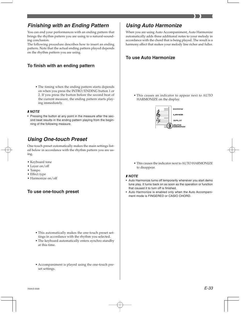 Using auto harmonize, Finishing with an ending pattern, Using one-touch preset | Casio CTK-671 User Manual | Page 35 / 98