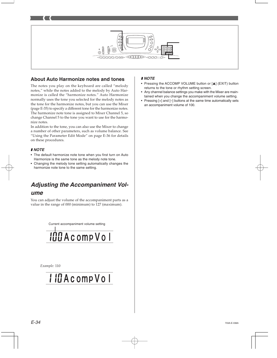 A c om, V o l | Casio CTK-671 User Manual | Page 36 / 98