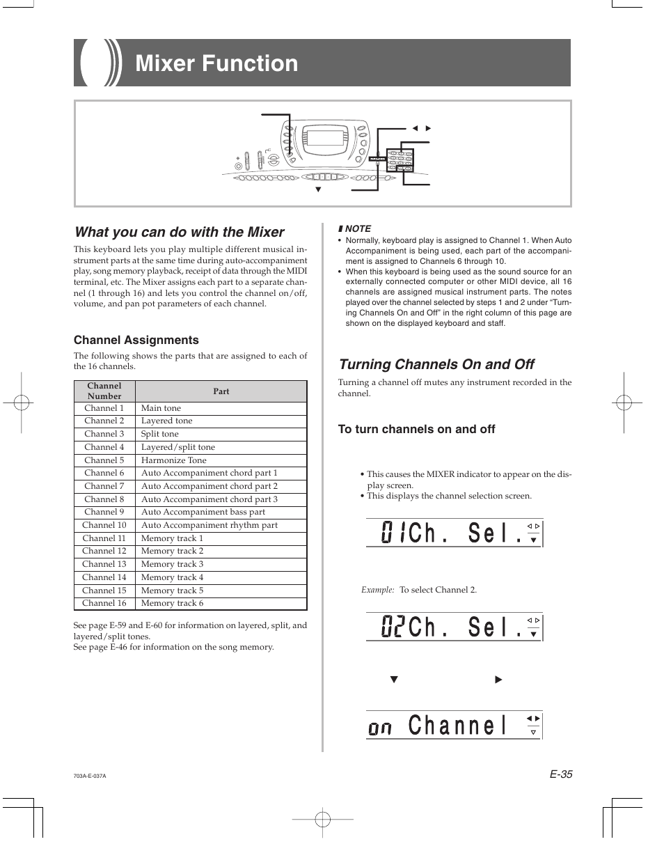 C h . . s e l, Mixer function, What you can do with the mixer | Turning channels on and off | Casio CTK-671 User Manual | Page 37 / 98