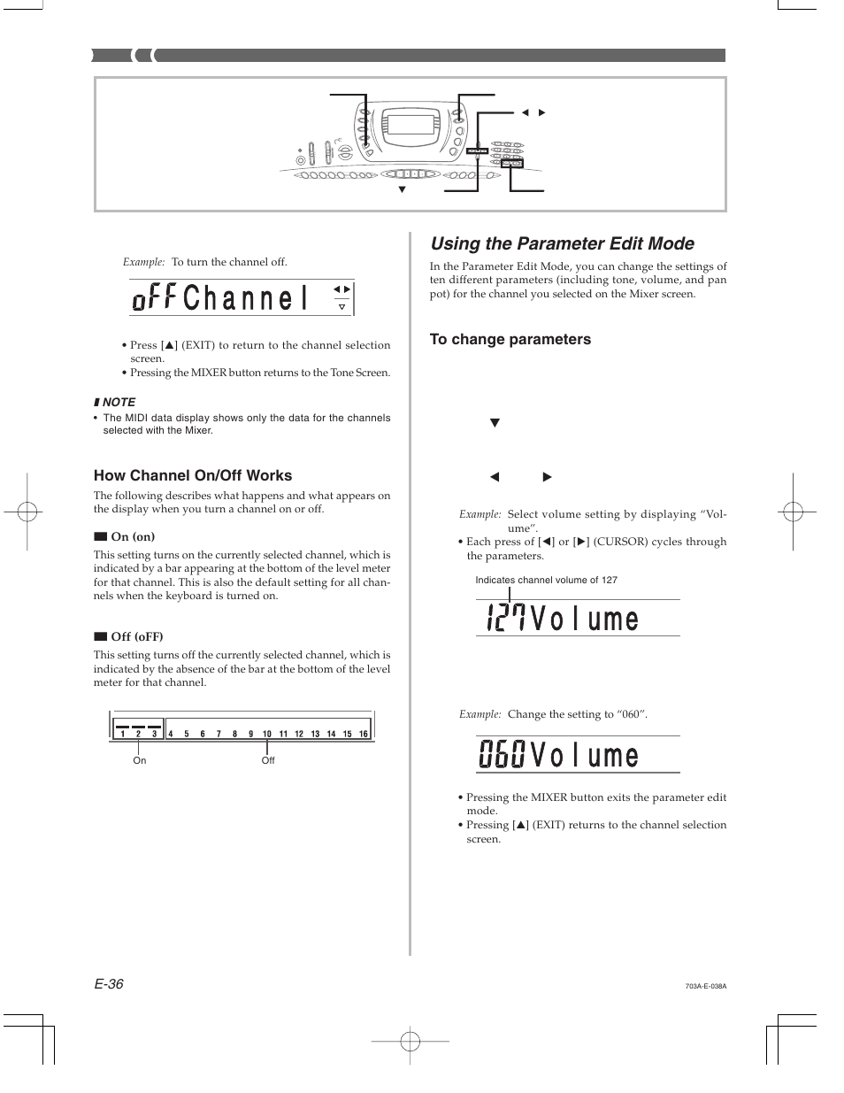 V o l ume, Using the parameter edit mode | Casio CTK-671 User Manual | Page 38 / 98