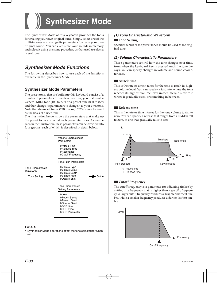 Synthesizer mode, Synthesizer mode functions, Synthesizer mode parameters | E-38, 1) tone characteristic waveform, 2) volume characteristic parameters | Casio CTK-671 User Manual | Page 40 / 98