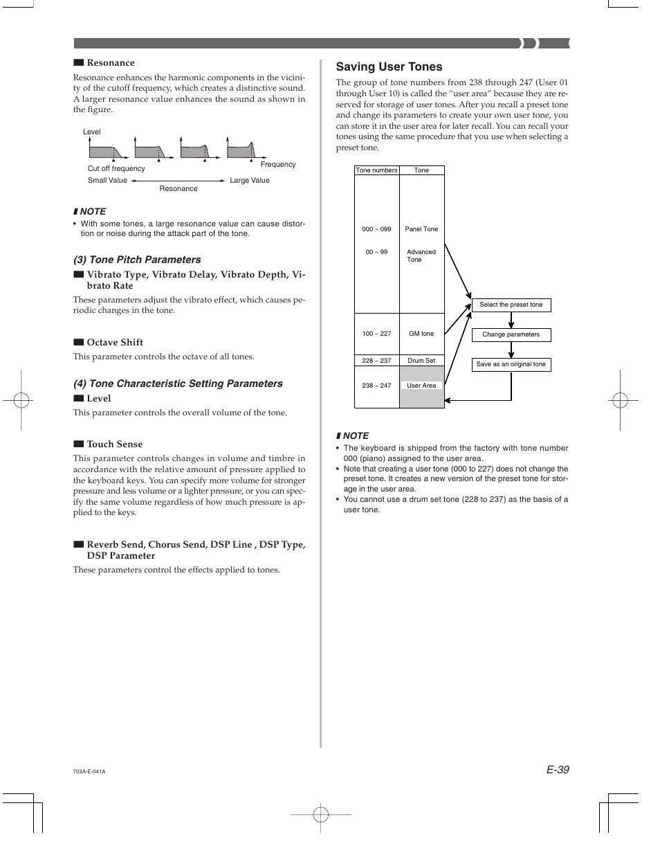 Saving user tones, E-39, 3) tone pitch parameters | 4) tone characteristic setting parameters | Casio CTK-671 User Manual | Page 41 / 98