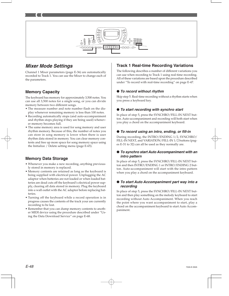 Mixer mode settings, Track 1 real-time recording variations | Casio CTK-671 User Manual | Page 50 / 98