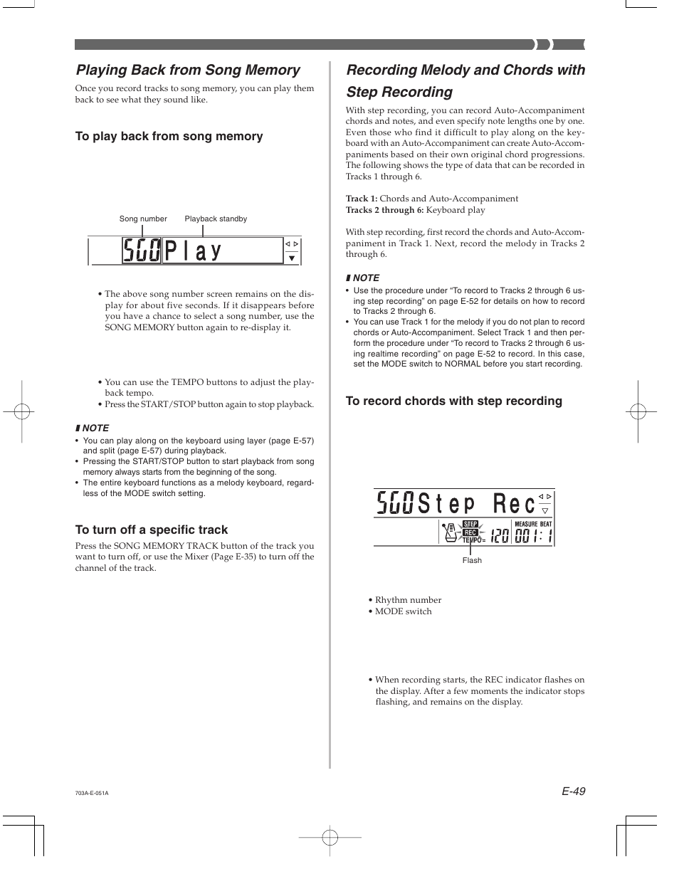 S t e, R e c, P l a | Recording melody and chords with step recording | Casio CTK-671 User Manual | Page 51 / 98