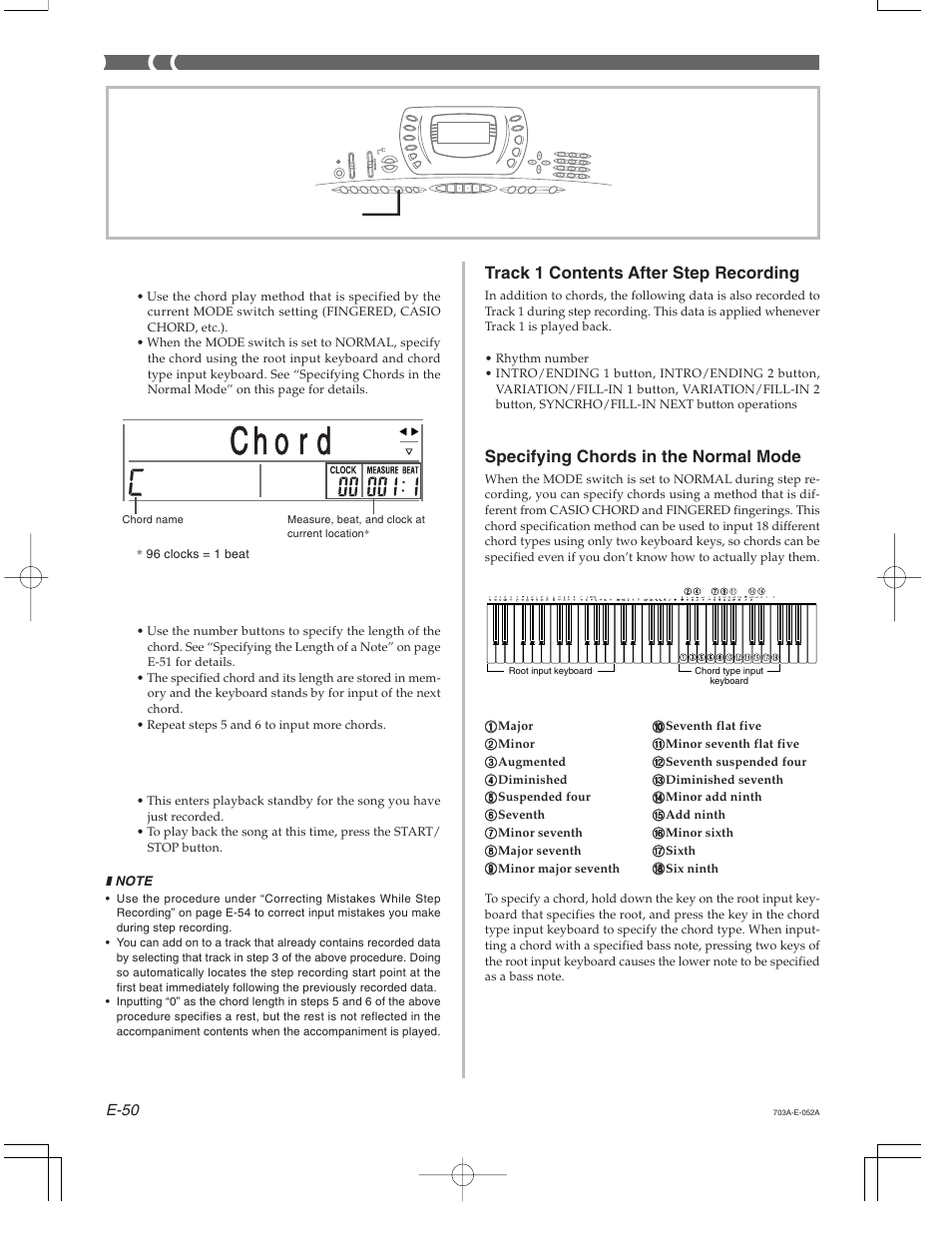 Track 1 contents after step recording, Specifying chords in the normal mode | Casio CTK-671 User Manual | Page 52 / 98