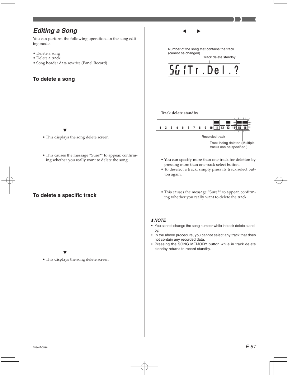 T r . d e l, Editing a song | Casio CTK-671 User Manual | Page 59 / 98