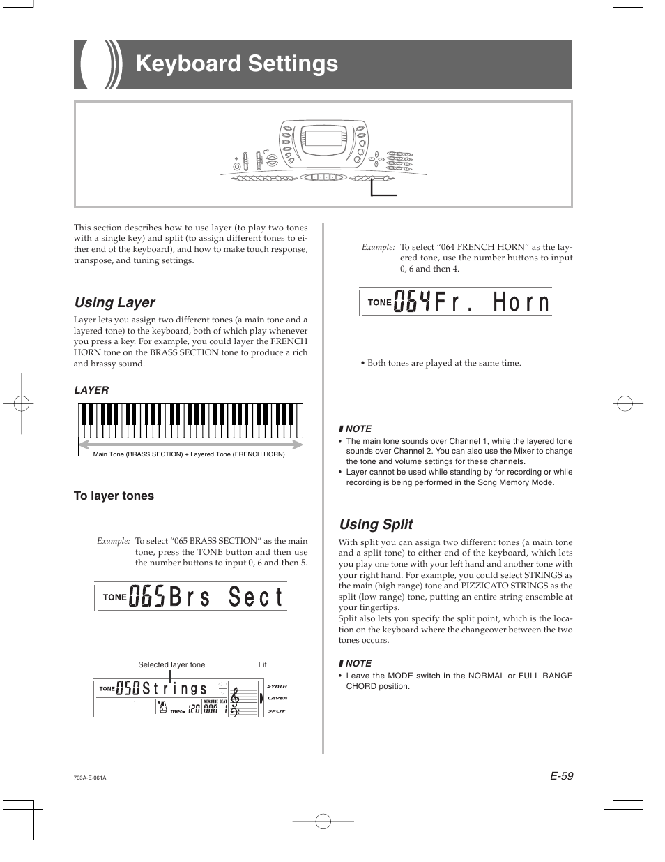 F r . h o r n, Keyboard settings, Using split | Using layer | Casio CTK-671 User Manual | Page 61 / 98