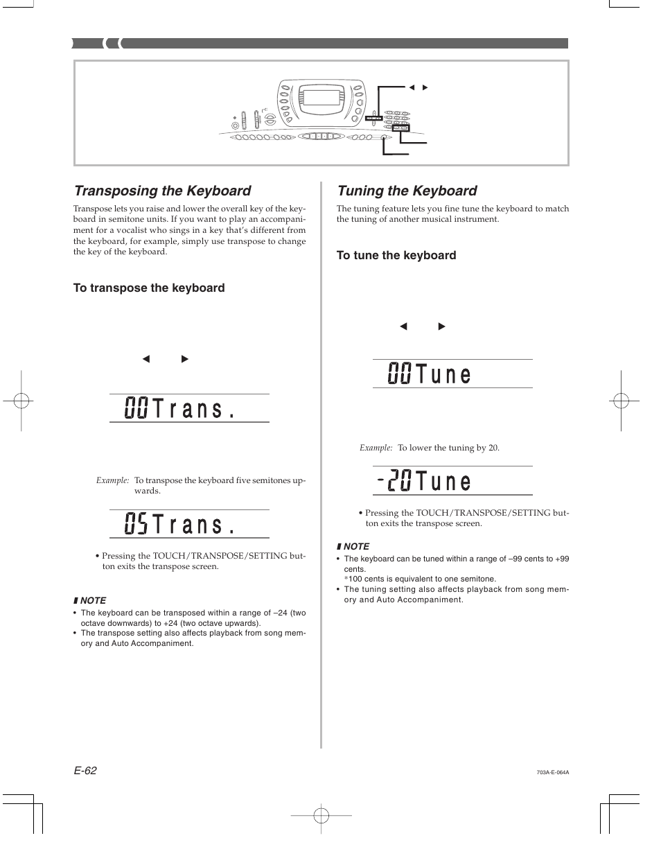 T u n e, Transposing the keyboard, Tuning the keyboard | Casio CTK-671 User Manual | Page 64 / 98