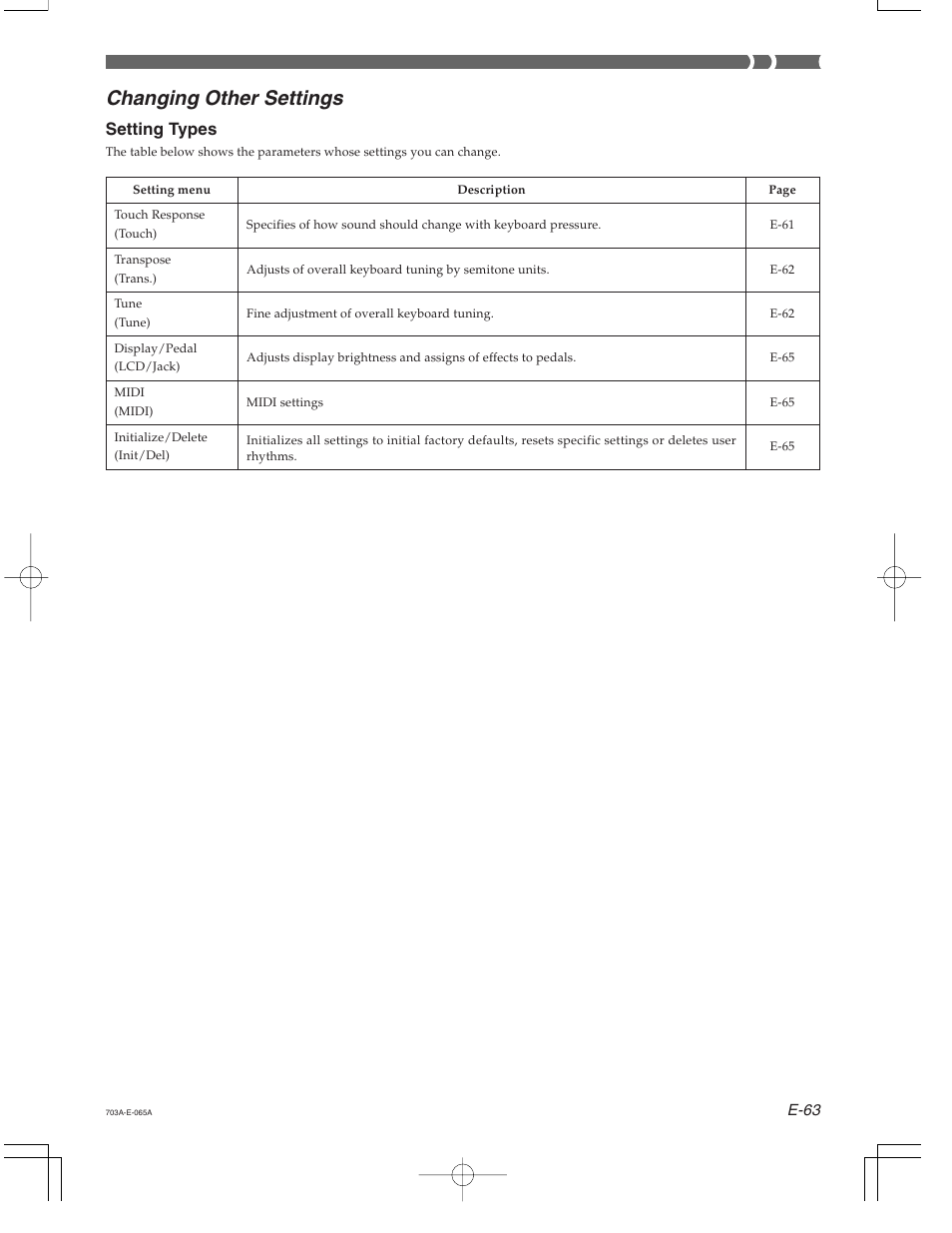 Changing other settings, Setting types | Casio CTK-671 User Manual | Page 65 / 98