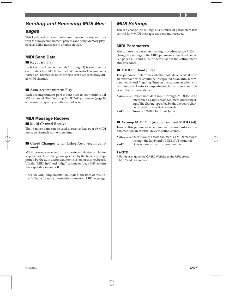 Sending and receiving midi mes- sages, Midi settings, Midi send data | Midi message receive, Midi parameters | Casio CTK-671 User Manual | Page 69 / 98