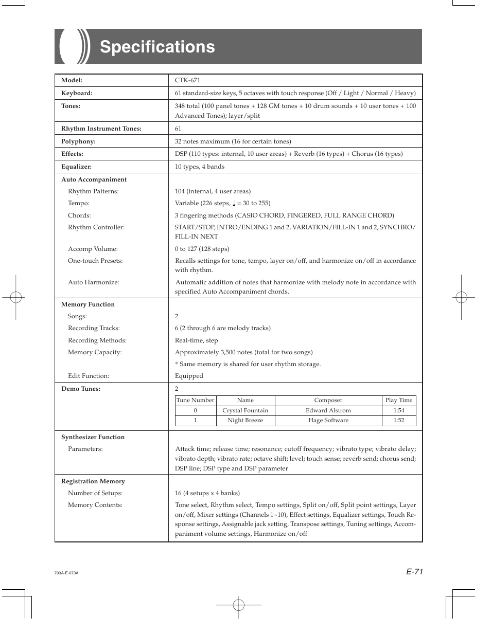 Specifications | Casio CTK-671 User Manual | Page 73 / 98