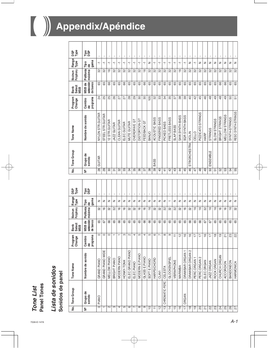 Appendix/apéndice, Tone list, Lista de sonidos | Panel t ones, Sonidos de panel | Casio CTK-671 User Manual | Page 75 / 98