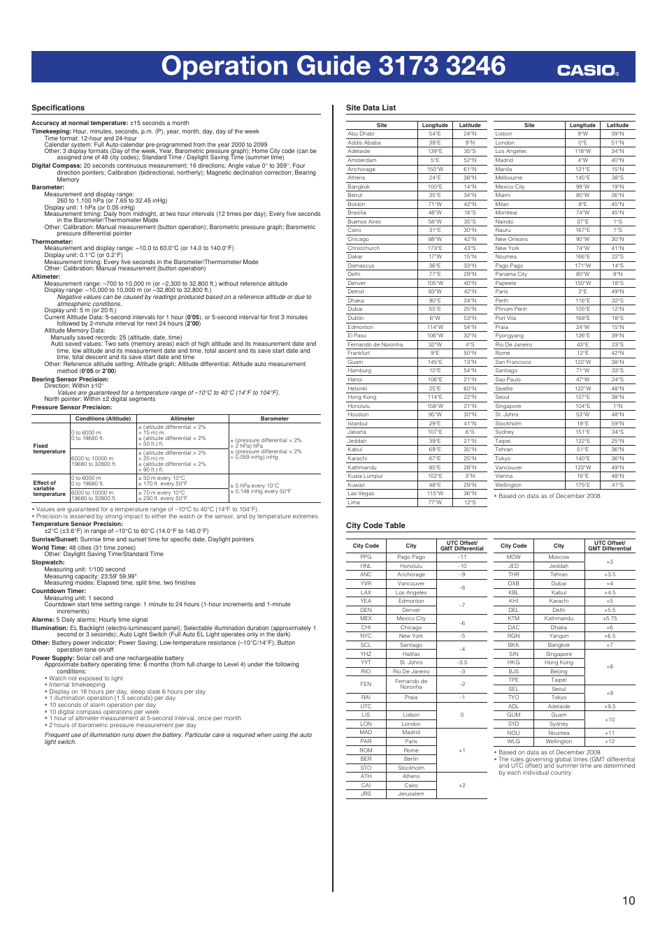 Specifications, Site data list, City code table | Casio 3246 User Manual | Page 10 / 10
