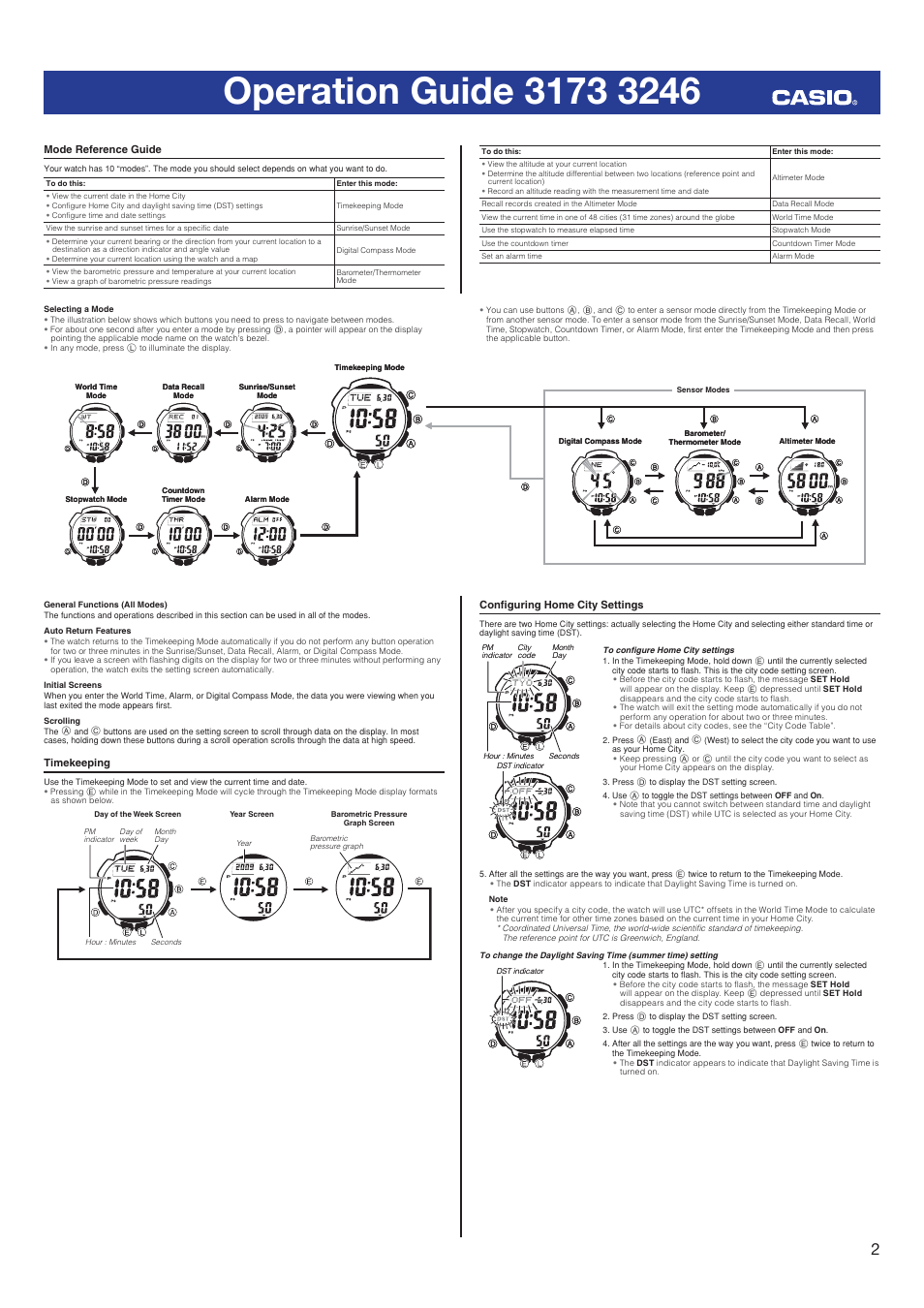 Mode reference guide, Timekeeping, Configuring home city settings | Casio 3246 User Manual | Page 2 / 10