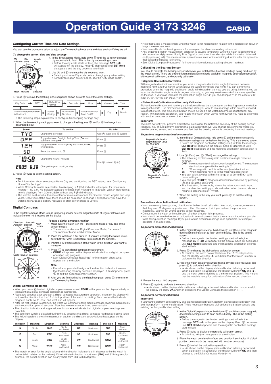 Configuring current time and date settings, Digital compass | Casio 3246 User Manual | Page 3 / 10