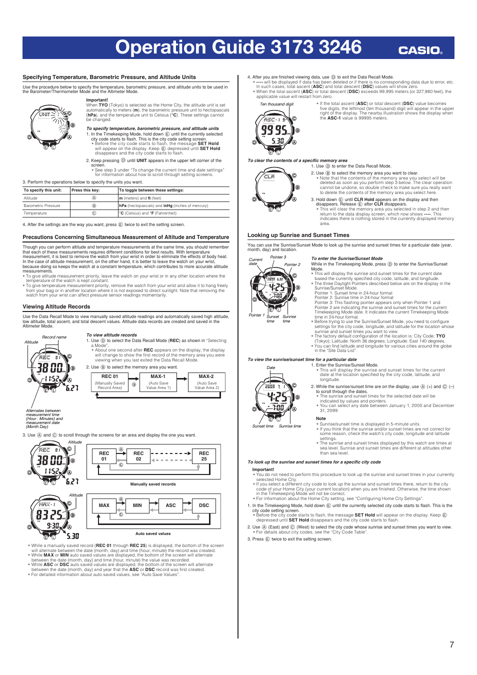 Viewing altitude records, Looking up sunrise and sunset times | Casio 3246 User Manual | Page 7 / 10
