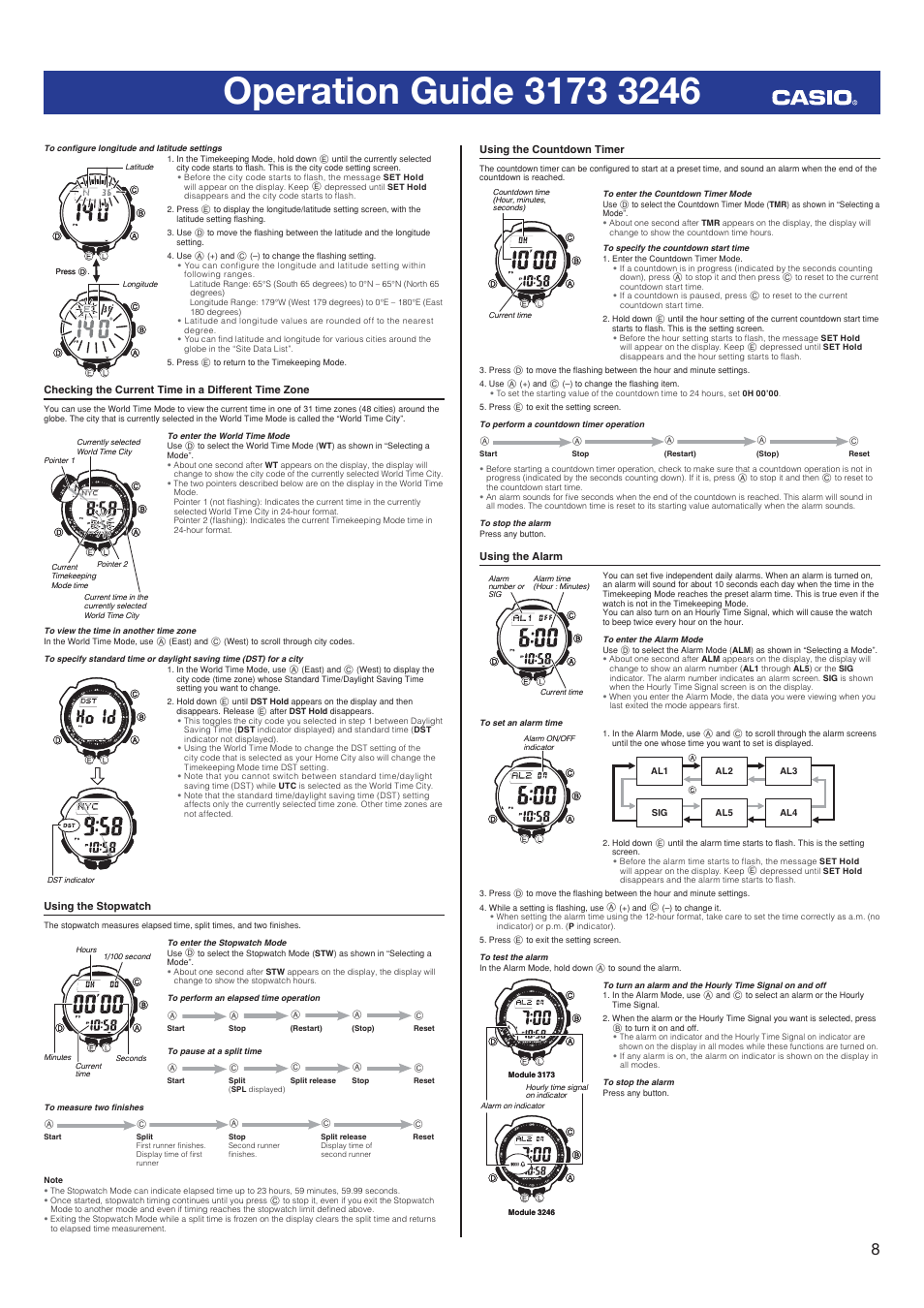 Checking the current time in a different time zone, Using the stopwatch, Using the countdown timer | Using the alarm | Casio 3246 User Manual | Page 8 / 10