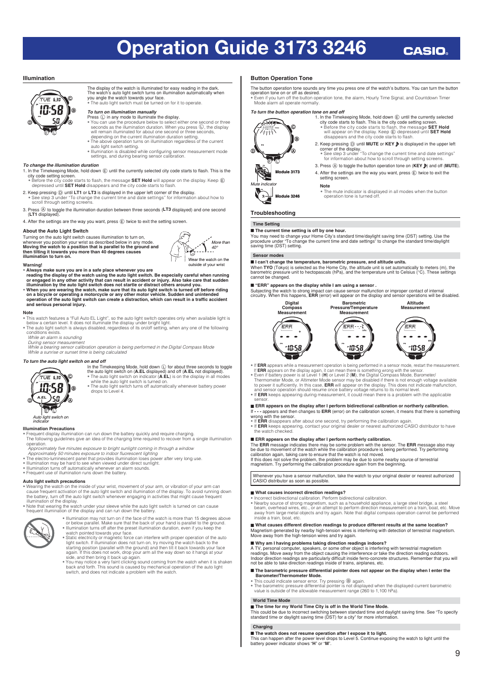 Illumination, Button operation tone, Troubleshooting | Casio 3246 User Manual | Page 9 / 10