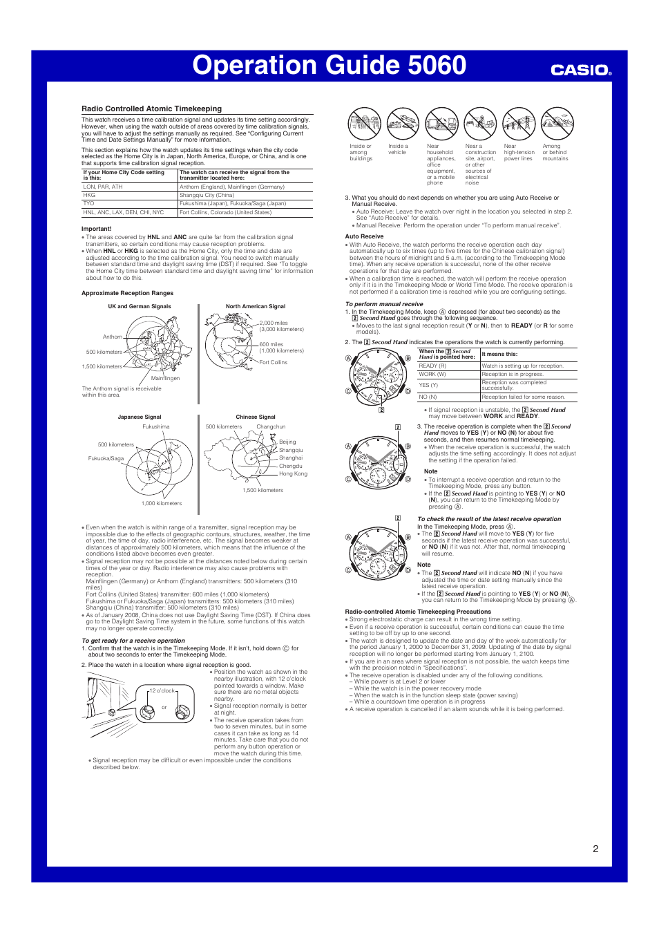 Radio controlled atomic timekeeping, Operation guide 5060 | Casio 5060 User Manual | Page 2 / 6