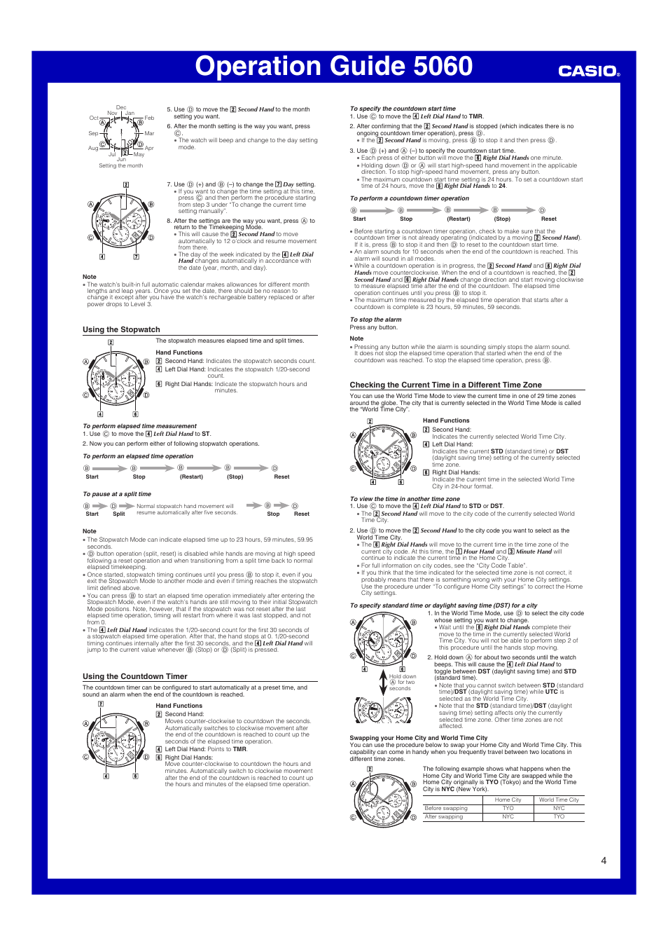 Using the stopwatch, Using the countdown timer, Checking the current time in a different time zone | Operation guide 5060 | Casio 5060 User Manual | Page 4 / 6