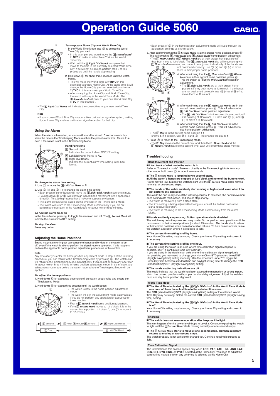 Using the alarm, Adjusting the home positions, Troubleshooting | Operation guide 5060 | Casio 5060 User Manual | Page 5 / 6