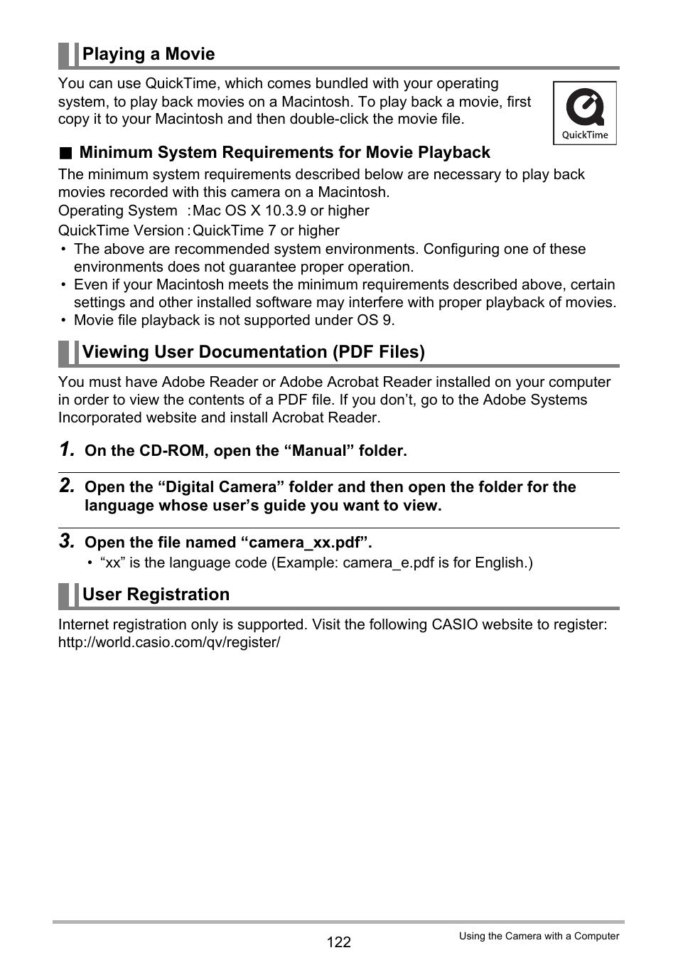 Playing a movie, Viewing user documentation (pdf files), User registration | Casio EX-Z200 User Manual | Page 122 / 171