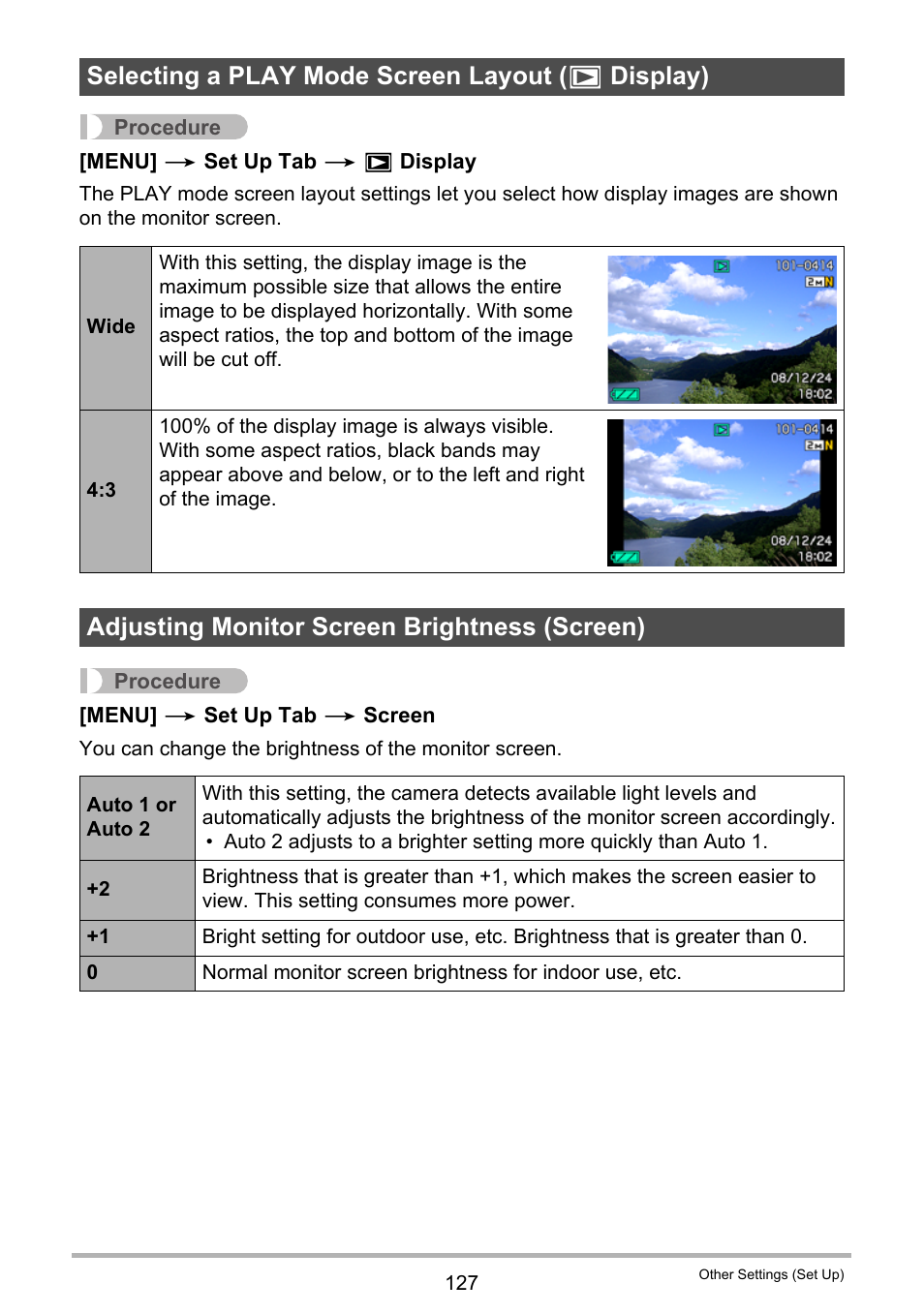 Selecting a play mode screen layout (> display), Adjusting monitor screen brightness (screen), Selecting a play mode screen layout ( p display) | Casio EX-Z200 User Manual | Page 127 / 171