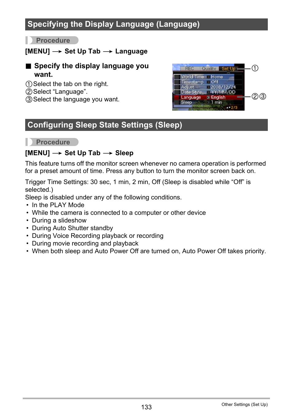 Specifying the display language (language), Configuring sleep state settings (sleep), Ge 133) | Casio EX-Z200 User Manual | Page 133 / 171