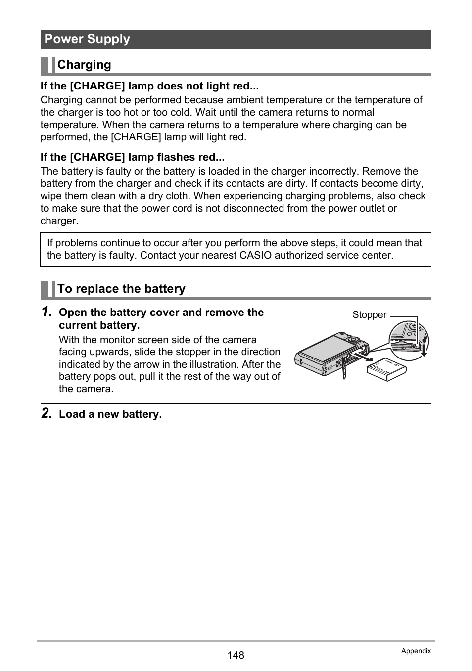 Power supply, Charging, To replace the battery | E 148 | Casio EX-Z200 User Manual | Page 148 / 171
