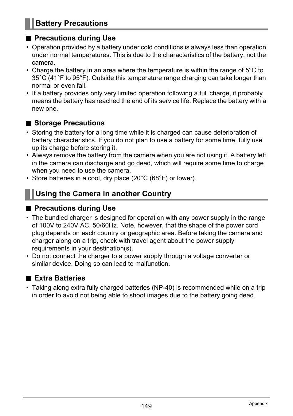 Battery precautions, Using the camera in another country | Casio EX-Z200 User Manual | Page 149 / 171