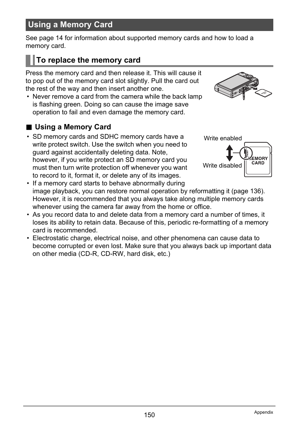 Using a memory card, To replace the memory card | Casio EX-Z200 User Manual | Page 150 / 171