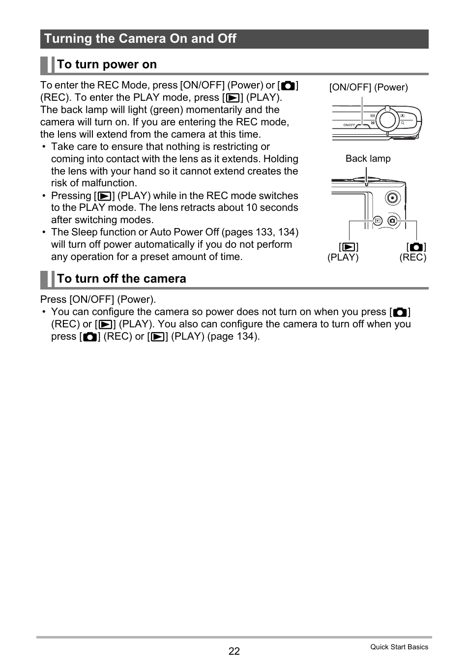 Turning the camera on and off, To turn power on, To turn off the camera | Casio EX-Z200 User Manual | Page 22 / 171