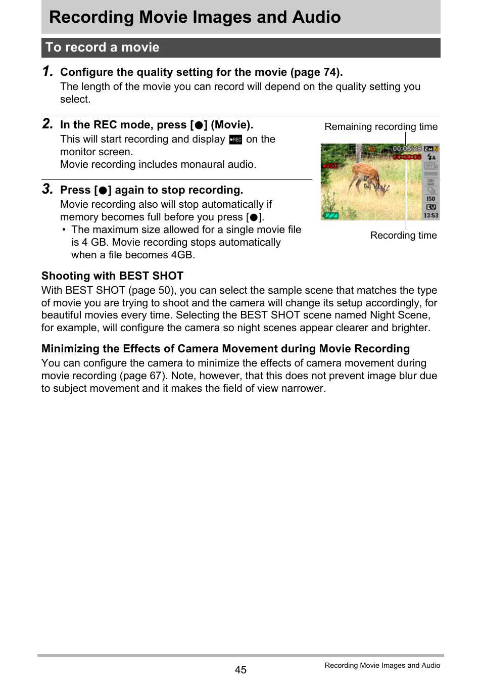 Recording movie images and audio, To record a movie, 45 for de | Casio EX-Z200 User Manual | Page 45 / 171