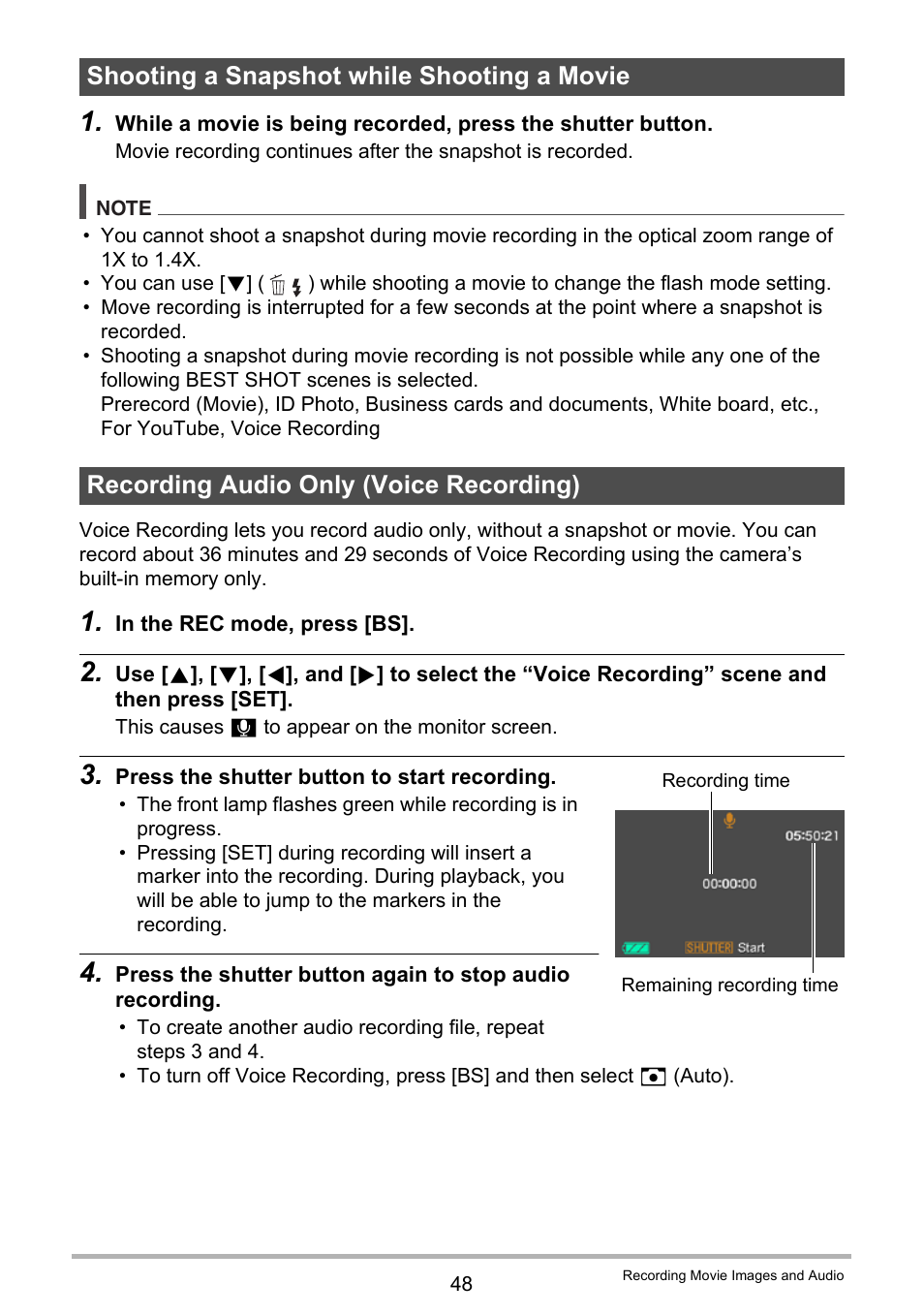 Shooting a snapshot while shooting a movie, Recording audio only (voice recording) | Casio EX-Z200 User Manual | Page 48 / 171