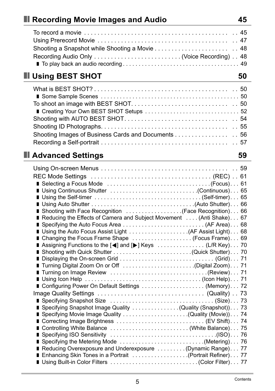 Recording movie images and audio 45, Using best shot 50, Advanced settings 59 | Casio EX-Z200 User Manual | Page 5 / 171