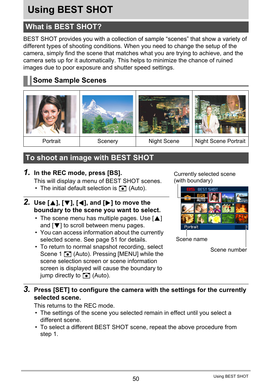 Using best shot, What is best shot, Some sample scenes | To shoot an image with best shot | Casio EX-Z200 User Manual | Page 50 / 171