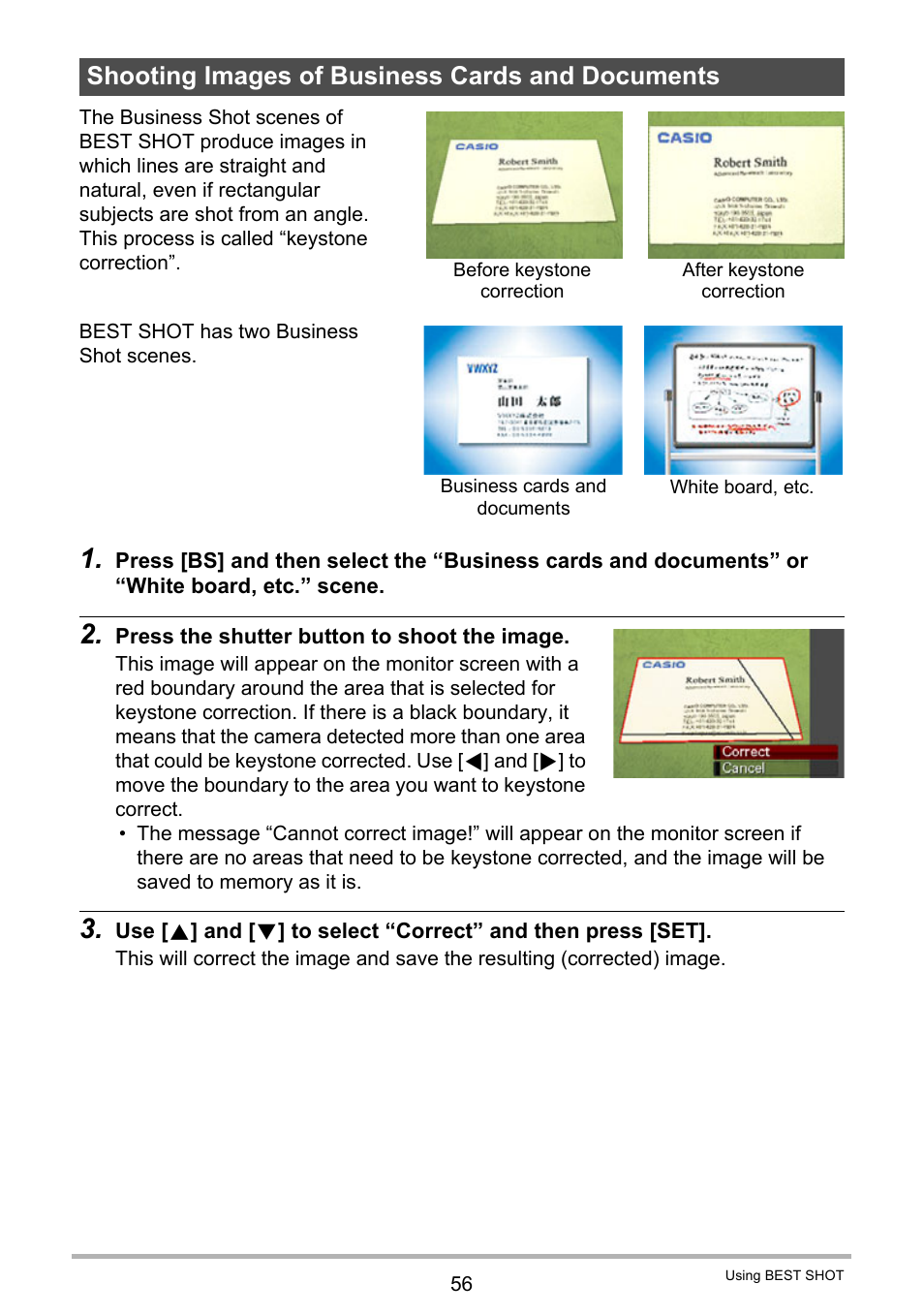 Shooting images of business cards and documents | Casio EX-Z200 User Manual | Page 56 / 171