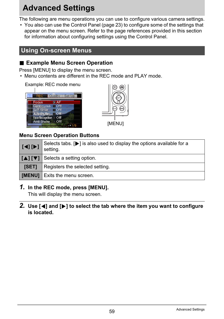 Advanced settings, Using on-screen menus | Casio EX-Z200 User Manual | Page 59 / 171