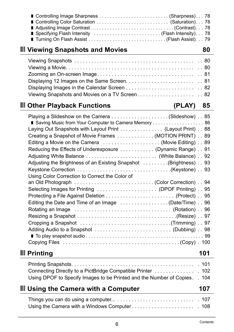 Viewing snapshots and movies 80, Other playback functions (play) 85, Printing 101 | Using the camera with a computer 107 | Casio EX-Z200 User Manual | Page 6 / 171