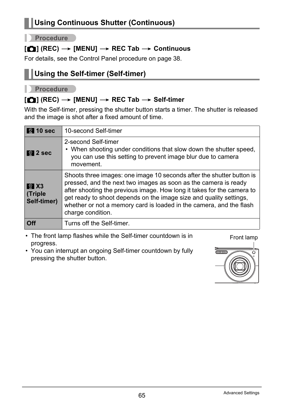Using continuous shutter (continuous), Using the self-timer (self-timer) | Casio EX-Z200 User Manual | Page 65 / 171