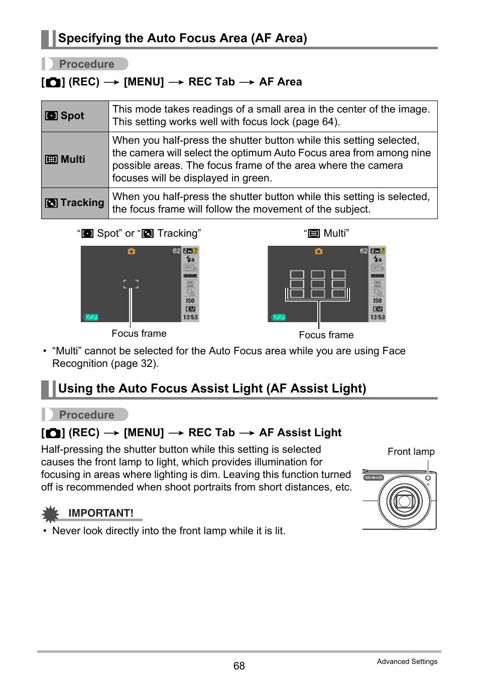 Specifying the auto focus area (af area) | Casio EX-Z200 User Manual | Page 68 / 171