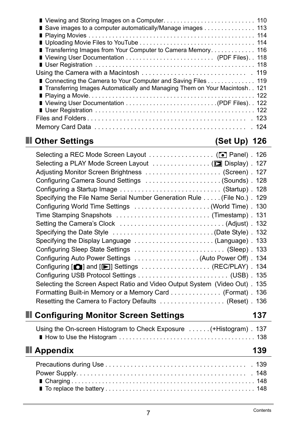 Other settings (set up) 126, Configuring monitor screen settings 137, Appendix 139 | Casio EX-Z200 User Manual | Page 7 / 171