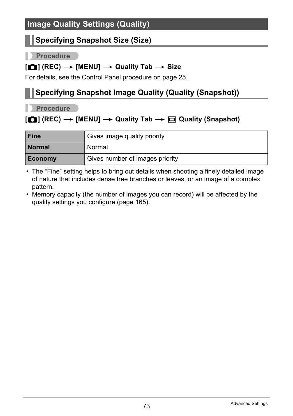 Image quality settings (quality), Specifying snapshot size (size), 73), f | Casio EX-Z200 User Manual | Page 73 / 171