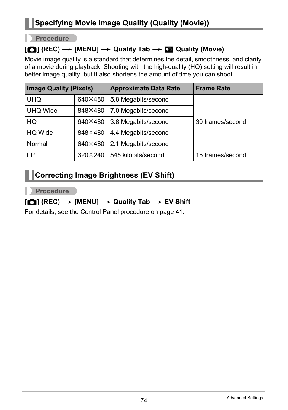 Specifying movie image quality (quality (movie)), Correcting image brightness (ev shift) | Casio EX-Z200 User Manual | Page 74 / 171