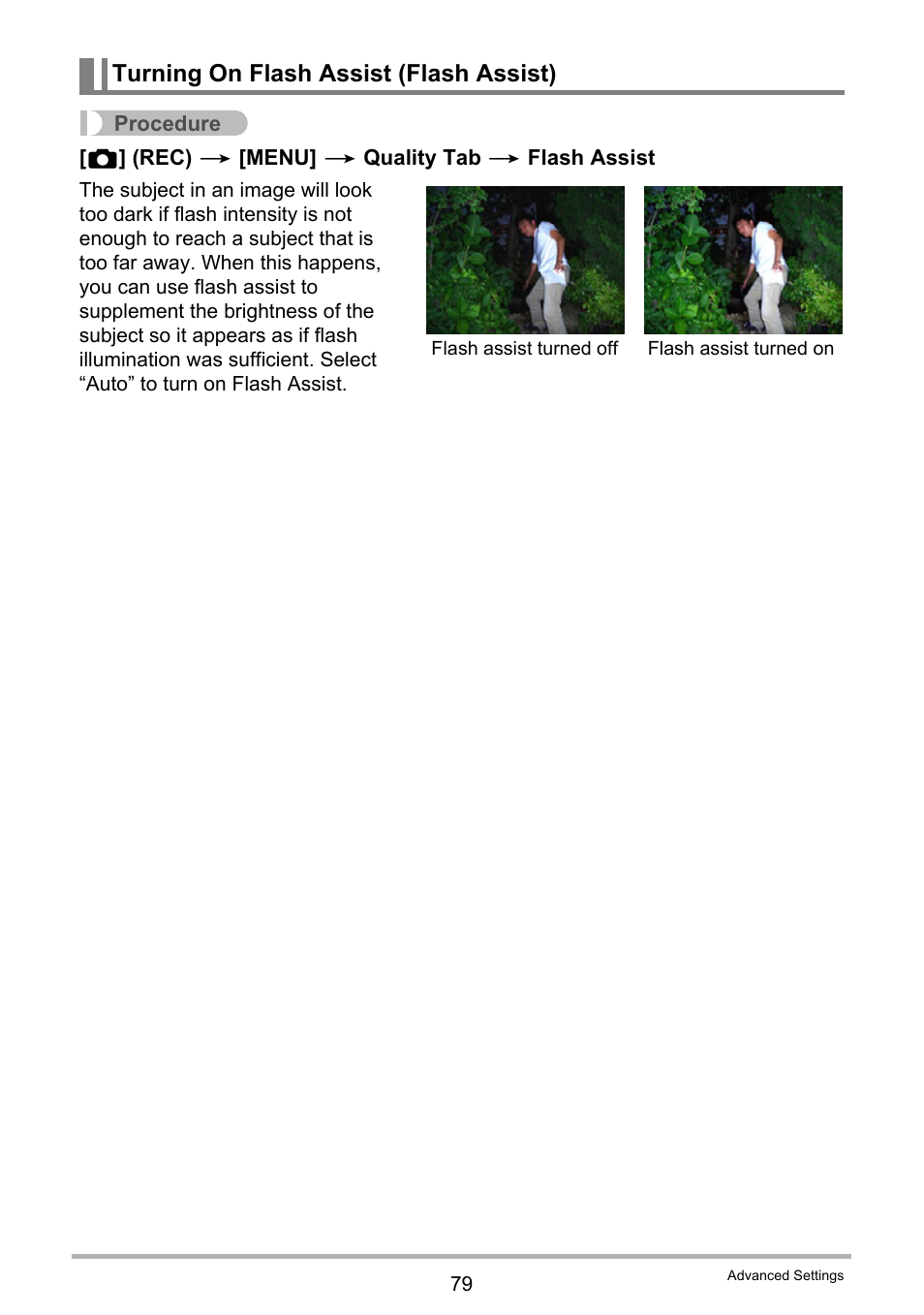 Turning on flash assist (flash assist) | Casio EX-Z200 User Manual | Page 79 / 171