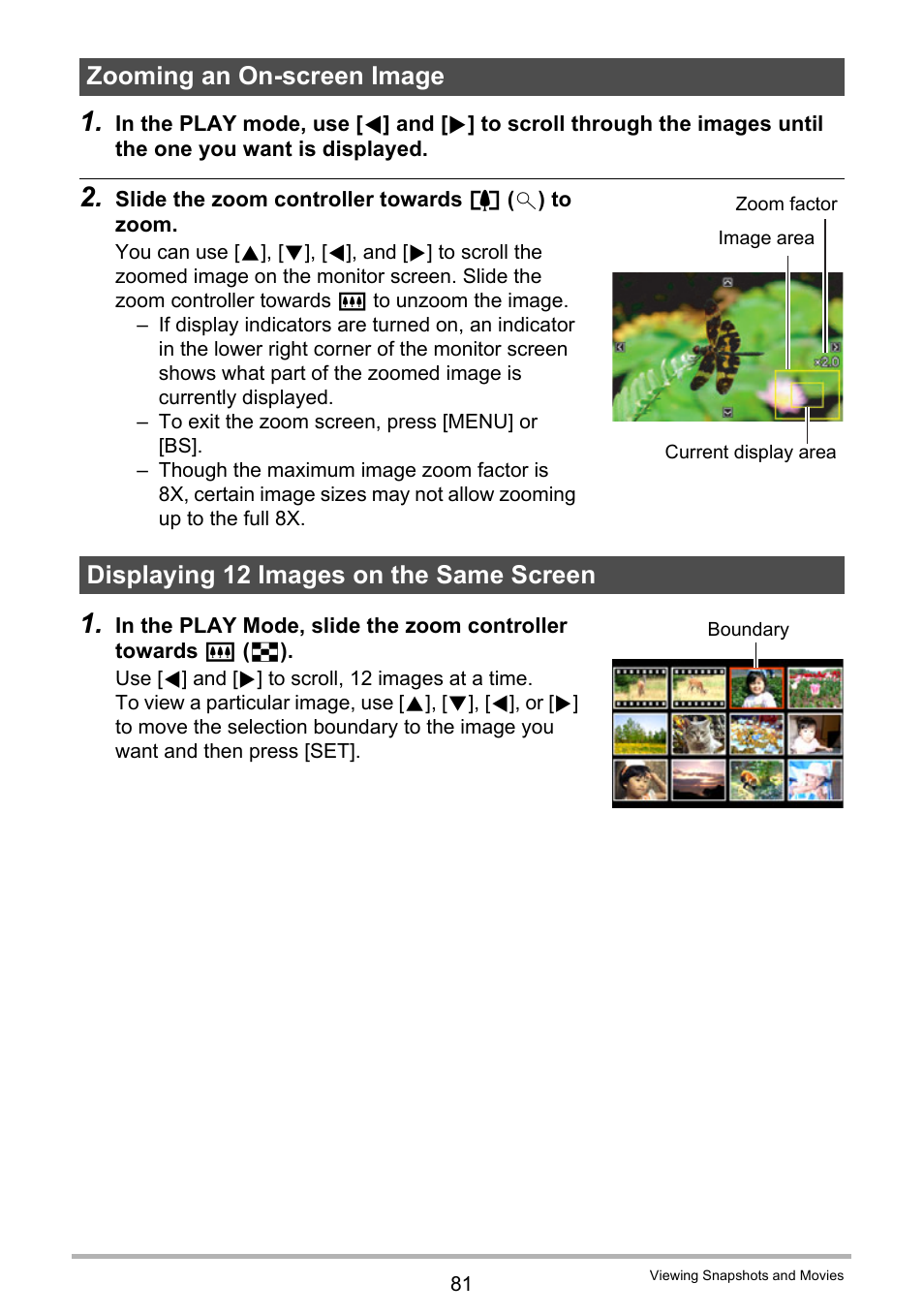 Zooming an on-screen image, Displaying 12 images on the same screen | Casio EX-Z200 User Manual | Page 81 / 171