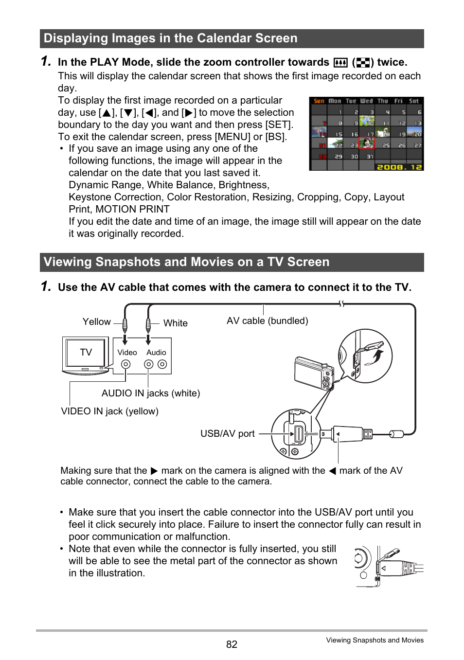 Displaying images in the calendar screen, Viewing snapshots and movies on a tv screen | Casio EX-Z200 User Manual | Page 82 / 171